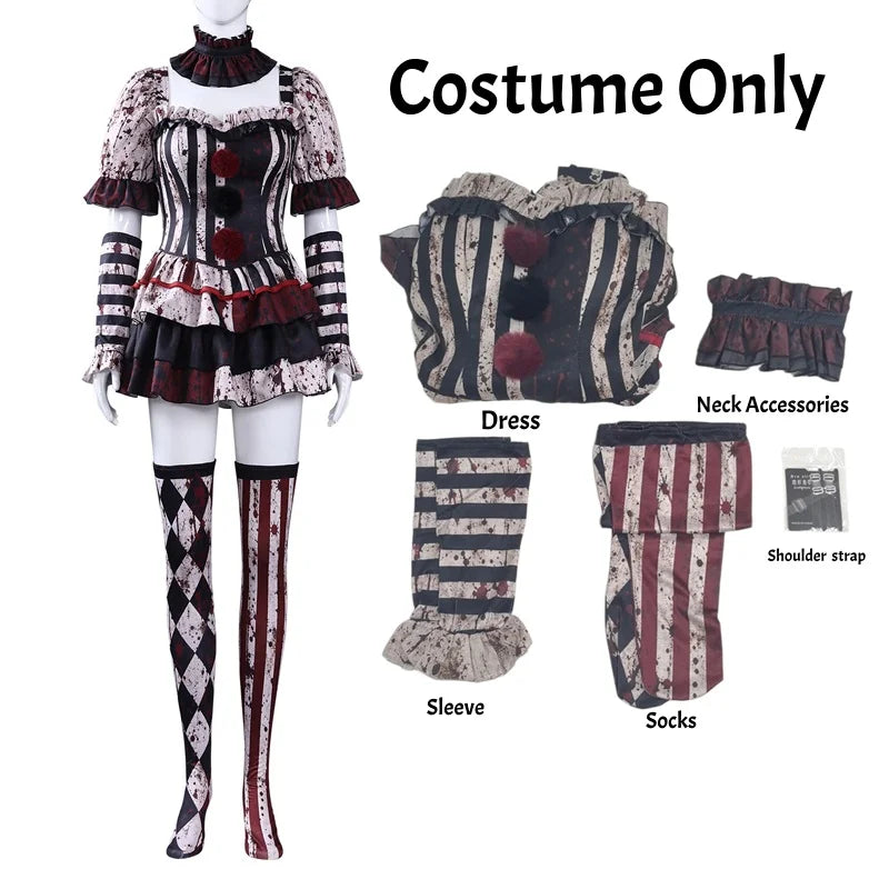 Bloody clown costume on mannequin with labeled set pieces: dress, collar, sleeve, socks