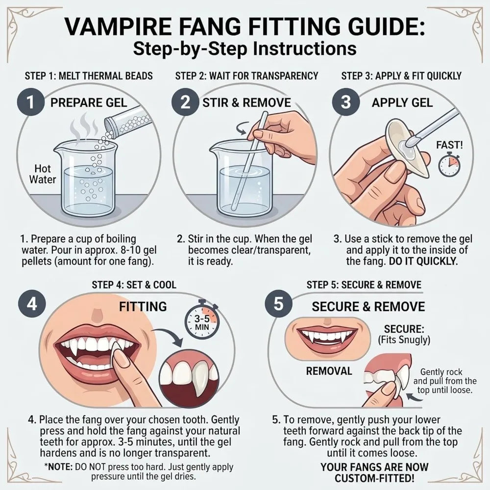 Vampire fangs with instructions card and tweezers, set contents