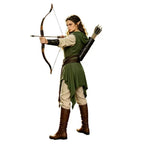 Woman in green elf ranger hooded tunic aiming a bow with quiver on her back