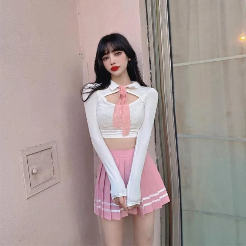 Fashion Lapel Neck Hollow Out JK T-Shirts and High Waist - Vusy Kawaii Shop