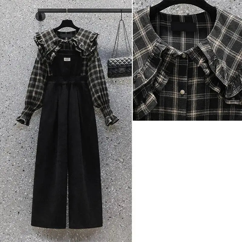 Retro Plaid Shirt Overall Pants 2-Piece Set - Vusy Kawaii Shop