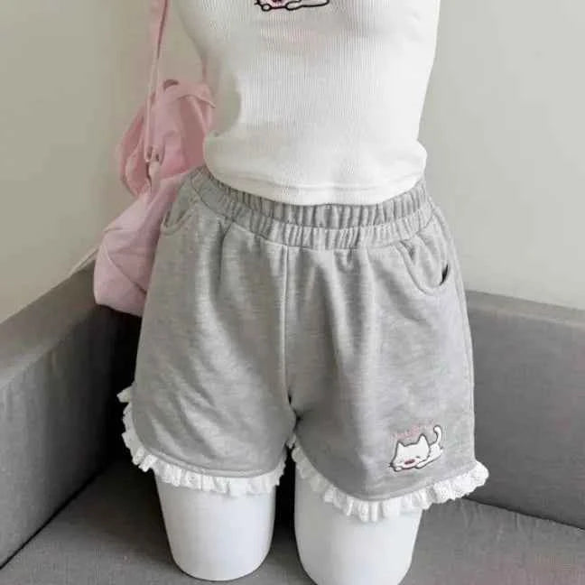 Japanese Cartoon Cat Embroidery Lotus Leaf Edge Shorts