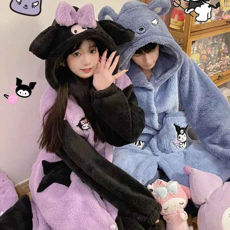Kawaii Sanrioed Plush Pajamas Suit Cartoon Kuromi Winter Women Hooded Nightgown Long Cute Girls Thickened Warm Sweet Tops Pants