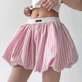 Sweet Pink Plaid Flower Bud Shorts Skirt Summer High Waist