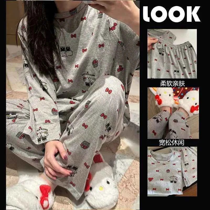 Kawaii Sanrios Hello Kittys Women's Pajamas Set Spring Autumn Anime Cartoon Student Long Sleeved Pants 2Pcs Girls Nightwear Gift