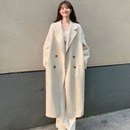 Cream Wool Coat Sweater and Wide Leg Jeans Set, model wearing the long cream double-breasted wool coat