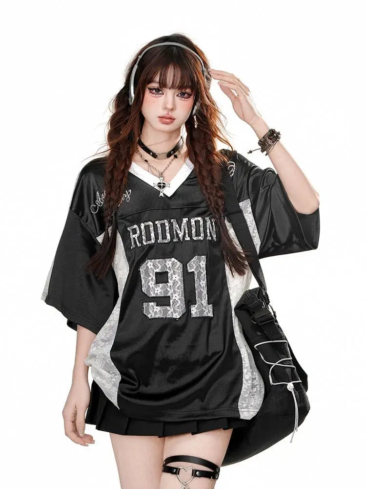 American Lace Embroidered Sports Jersey T-Shirts Harajuku - Vusy Kawaii Shop