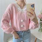 Sweet Autumn Lantern Sleeve V Neck Pullovers Wild Knitted - Vusy Kawaii Shop
