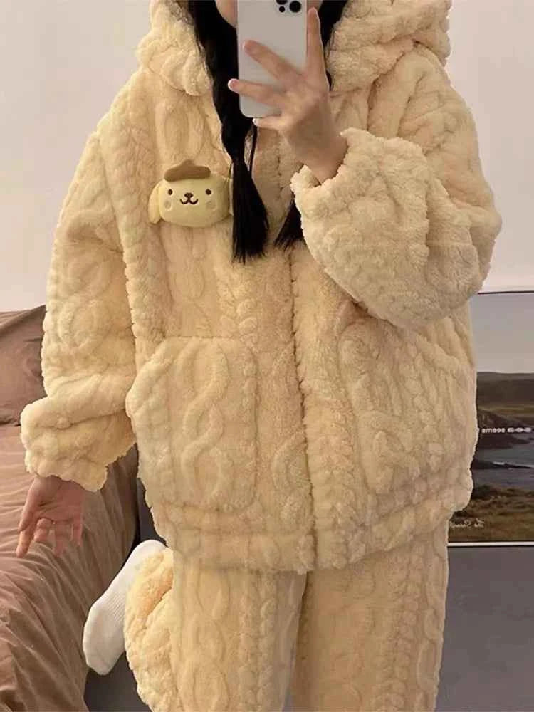 Sanrios My Melody Women's Pajamas Anime Kawaii Pompom Purins Coral Velvet Thickened Cute Hooded Zipper Home Wear Nightgown Suit