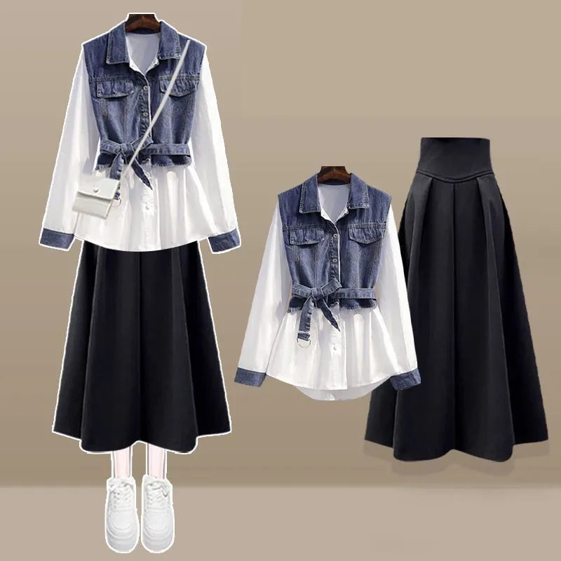 Spring Autumn Elegant Denim Splicing Fake Two Piece Long - Vusy Kawaii Shop
