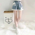 Summer Lolita Denim Shorts Teen Girls Kawaii Bow Lace Hem Women Wide Leg Jeans 2025 Korean Fashion High Waist Casual Short Pants