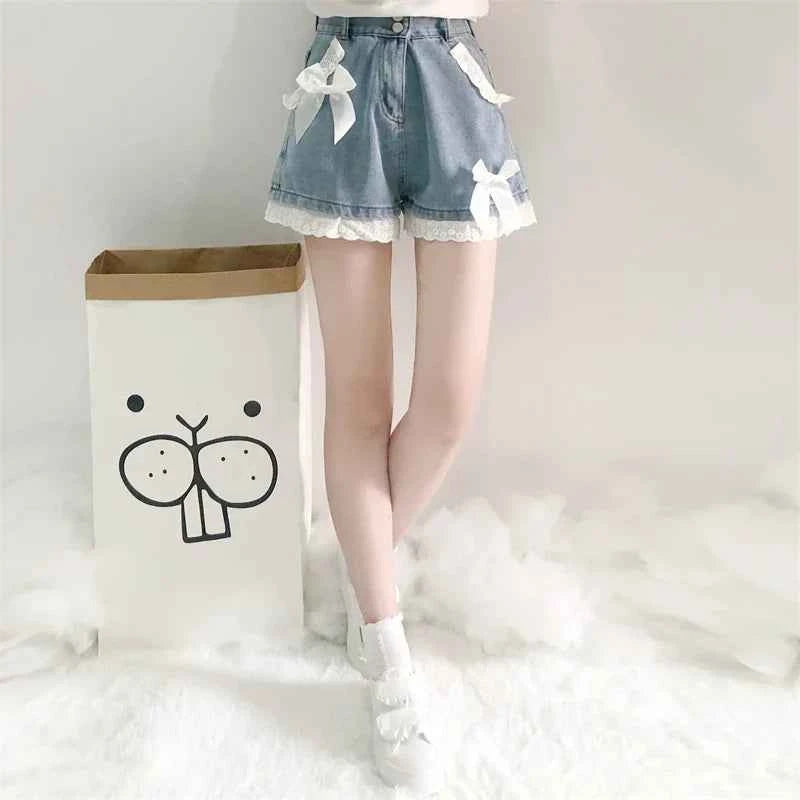 Summer Lolita Denim Shorts Teen Girls Kawaii Bow Lace Hem Women Wide Leg Jeans 2025 Korean Fashion High Waist Casual Short Pants