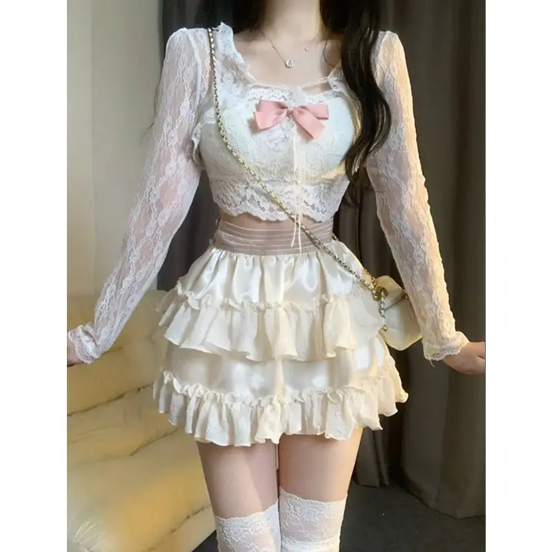 Spring Summer Sweet Lace Long Sleeves Cardigan and Bow - Vusy Kawaii Shop