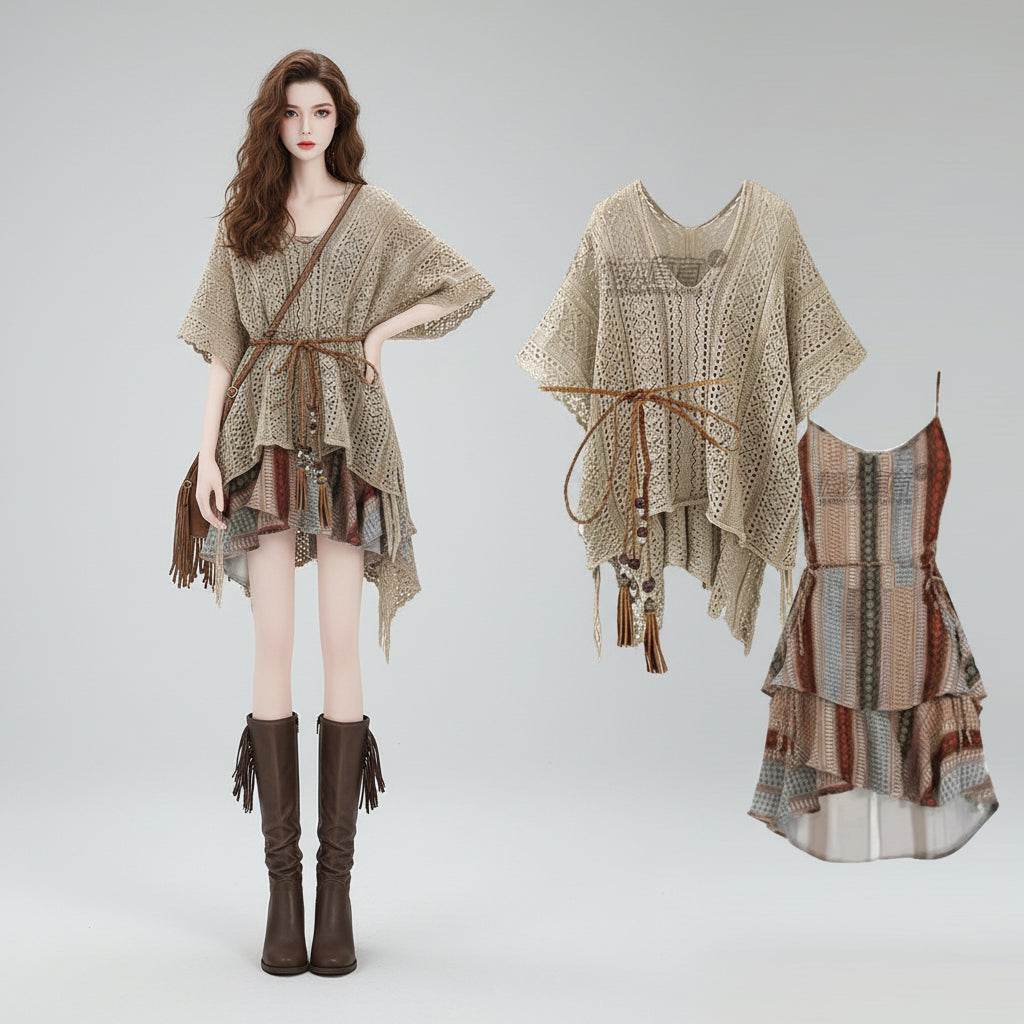 Elegant Knit Top Flowy Dress Spring Autumn Set - Vusy Kawaii Shop