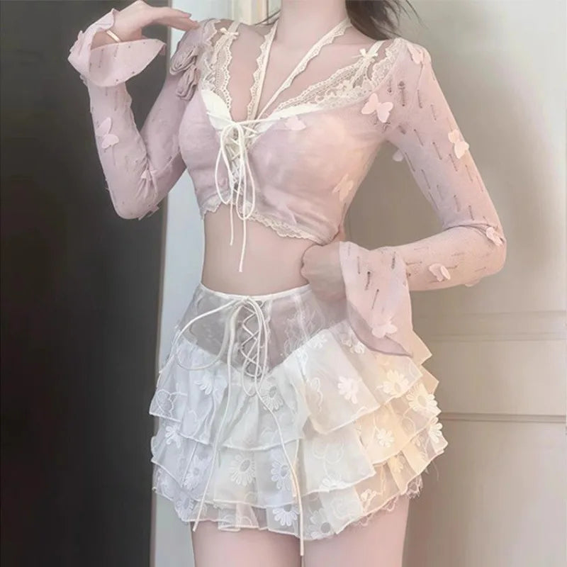 Summer Sweet Sexy V-Neck Slim Fit Long Sleeve Top and Mesh - Vusy Kawaii Shop
