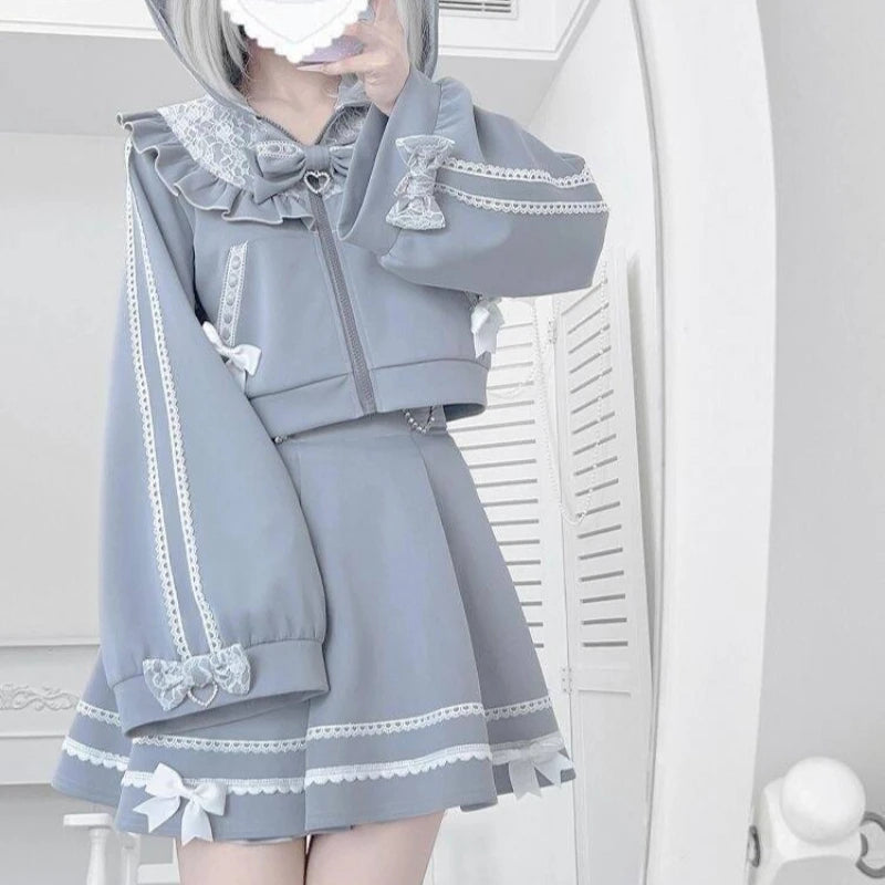 Women's Gothic Lolita Hooded Jacket & Lace-Trim Skirt Set