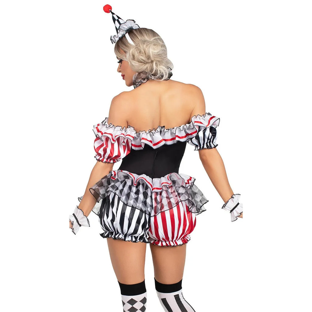 Black and white checkered romper with red pom-pom buttons and ruffled collar, close up