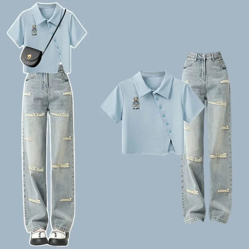 Summer Embroidered Denim Pants Matching Set Korean Elegant - Vusy Kawaii Shop
