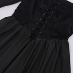 Close up of lace up corset front and sheer bell sleeve on black witch Halloween dress