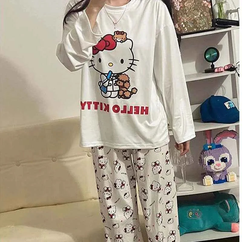 Kawaii Sanrios Hello Kitty Women's Pajamas Set Anime Cartoon Students Autumn Winter Polyester Long Sleeved Girls Nightwear Gift