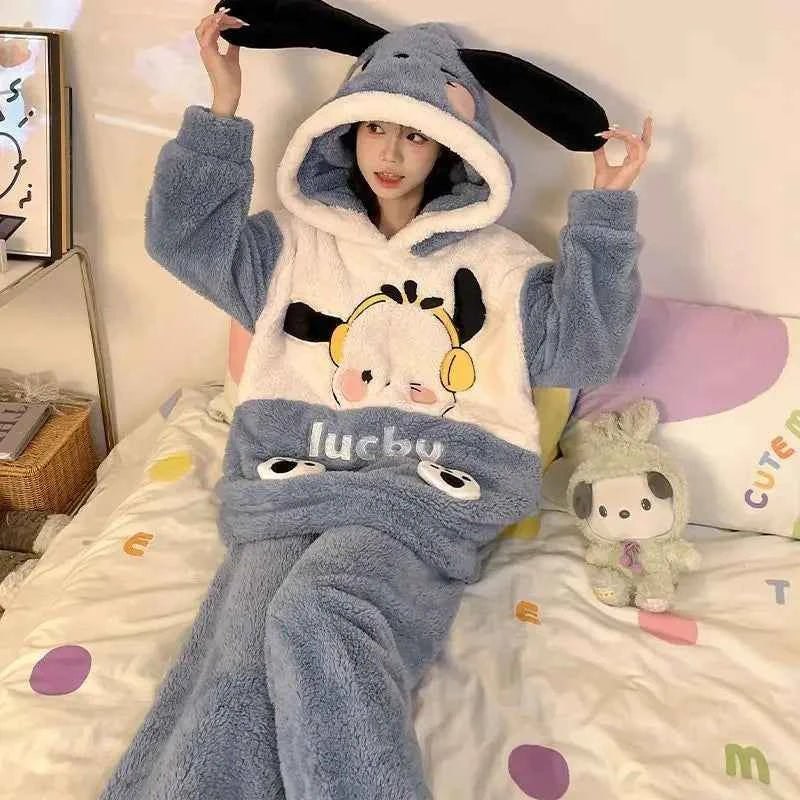 New Autumn Winter Sanrios My Melody Coral Velvet Pajamas Women Kuromi Cinnamoroll Thicken Hooded Cartoon Cute Home Clothes Suit