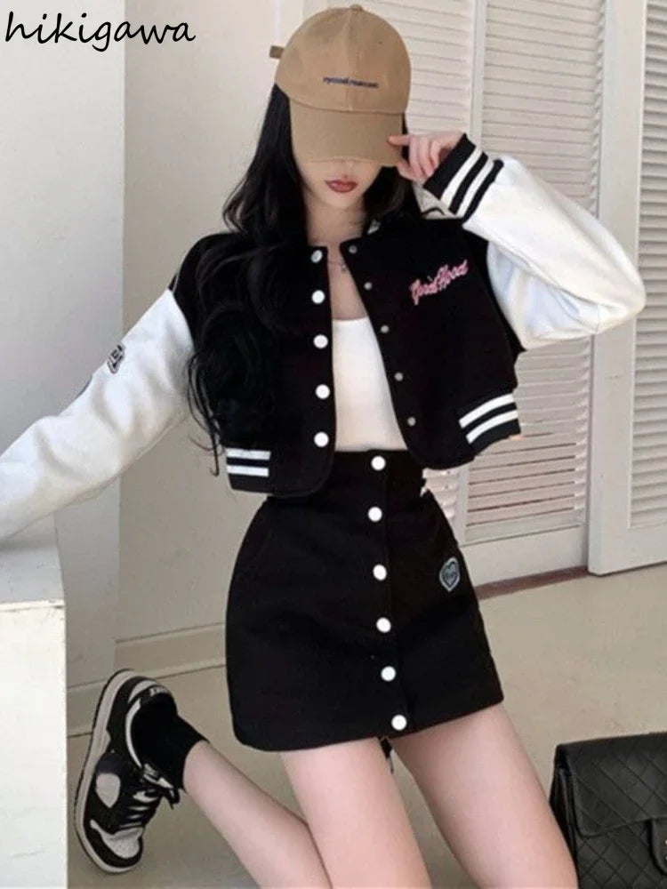 Fashion Two Piece Sets Outfits Letter Long Sleeve Crop Coat - Vusy Kawaii Shop