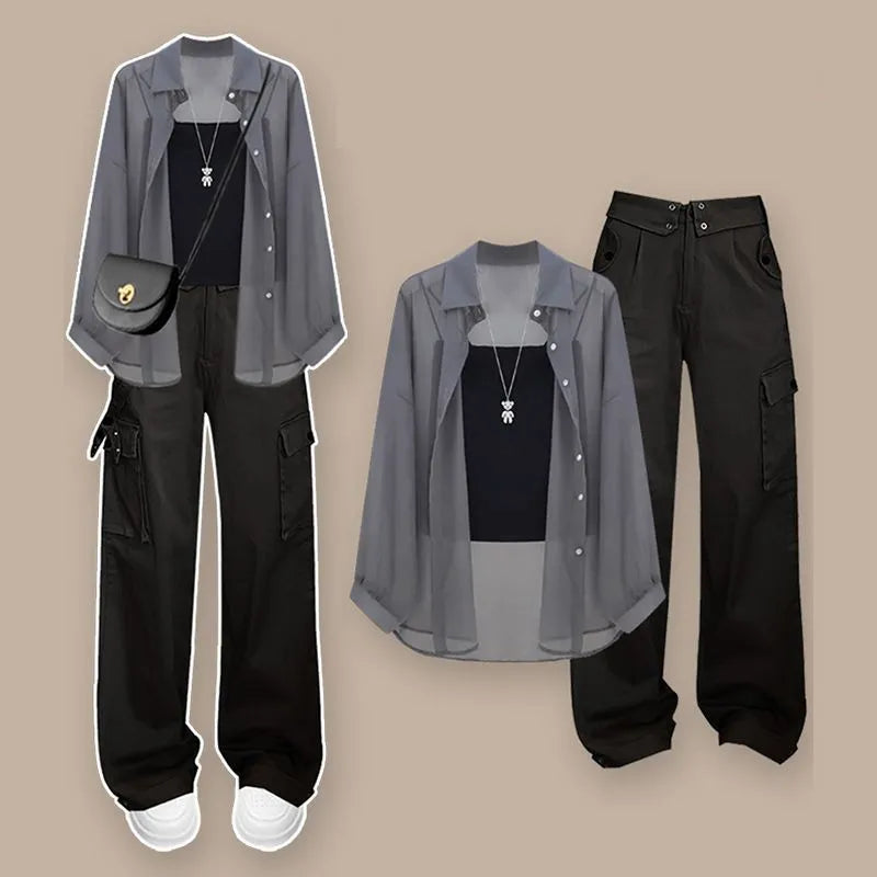 Korean Kawaii 3-Piece Set Chiffon Cardigan Cargo Pants - Vusy Kawaii Shop