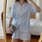 New Summer Ladies Plaid Printed Short-Sleeved Pajamas Set Japanese Casual Loose Short-Sleeved Shorts Homewear Two-Piece Suit
