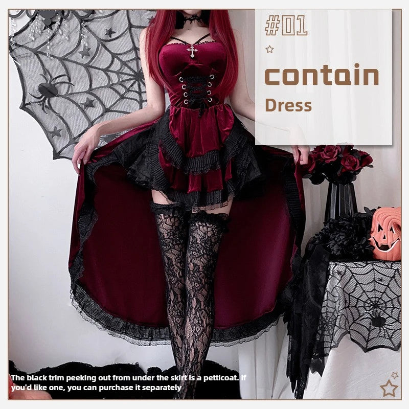 Burgundy gothic vampire dress detail on model with petticoat note, front view