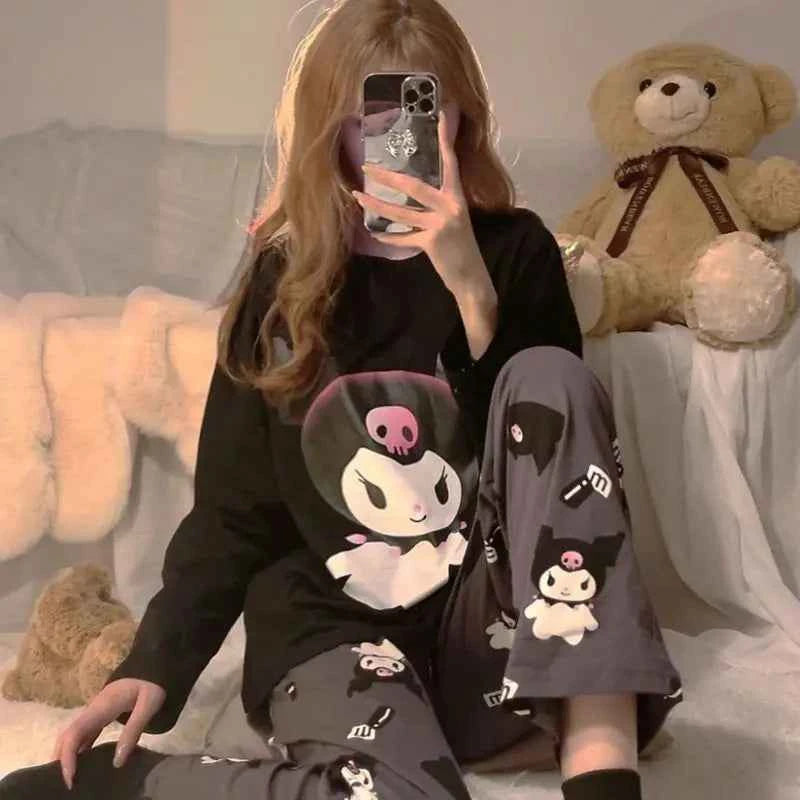 Kawaii Kuromi Long Sleeve Pajamas Set Women Anime Sanrioed Autumn Pajamas Pants Two Piece Comfort Soft Home Wear Outgoing Girls