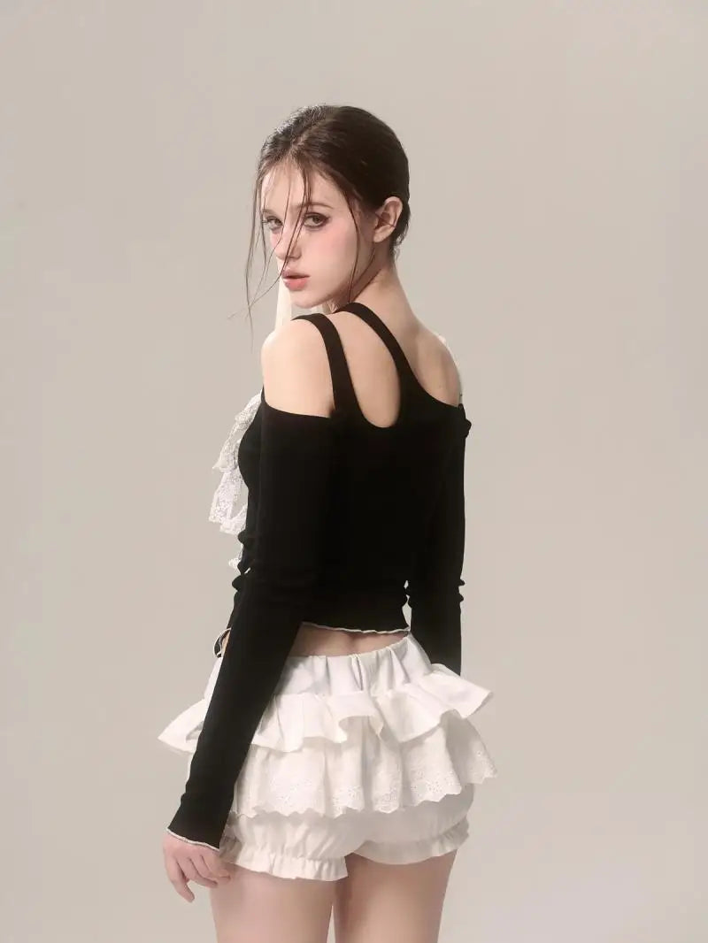 Black Slant Collar Lace Bow Irregular Long Sleeve T-shirt - Vusy Kawaii Shop