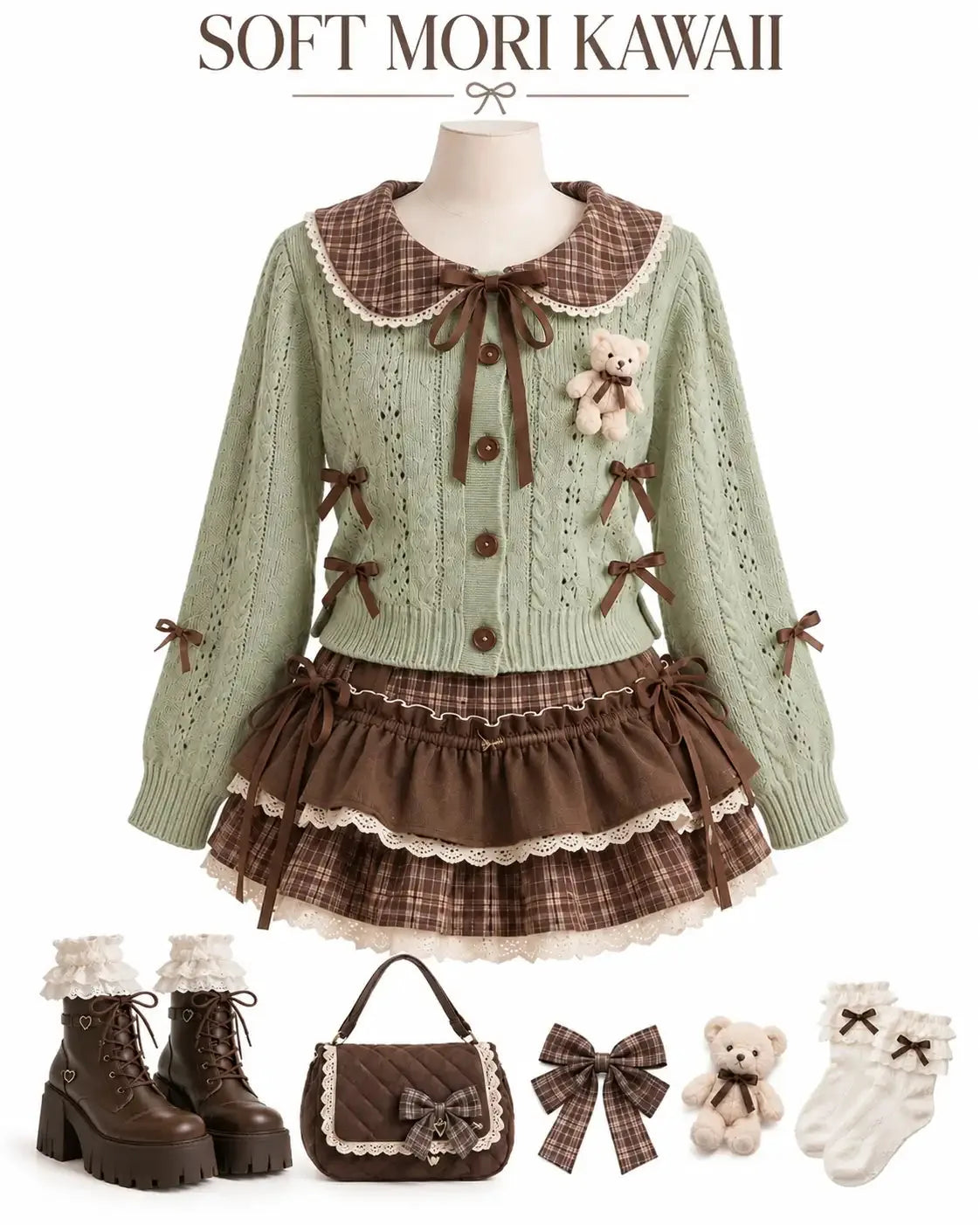 Soft Mori Kawaii Cardigan & Plaid Ruffle Skirt Set
