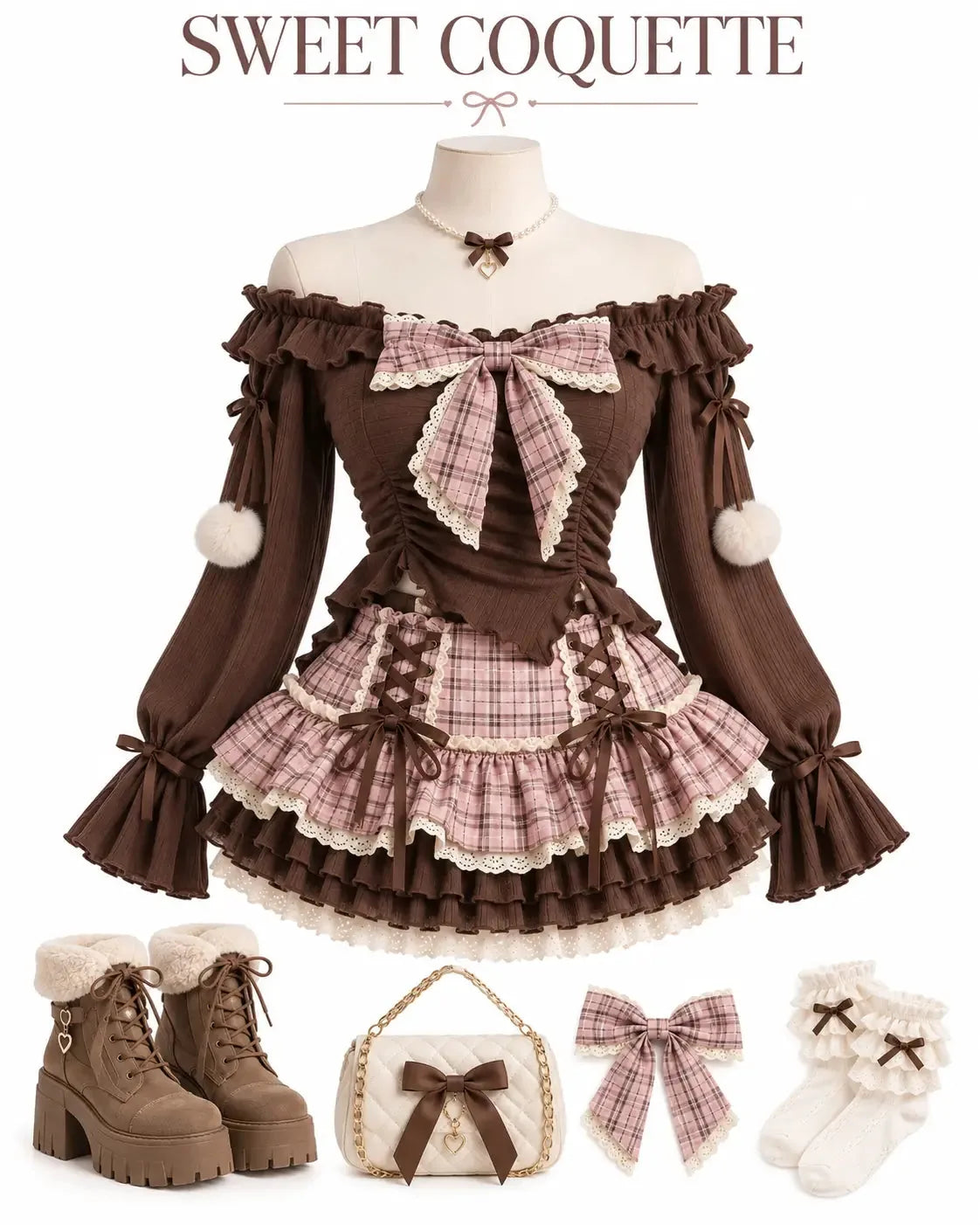 Sweet Lolita Off-Shoulder Bow Blouse & Plaid Skirt Set