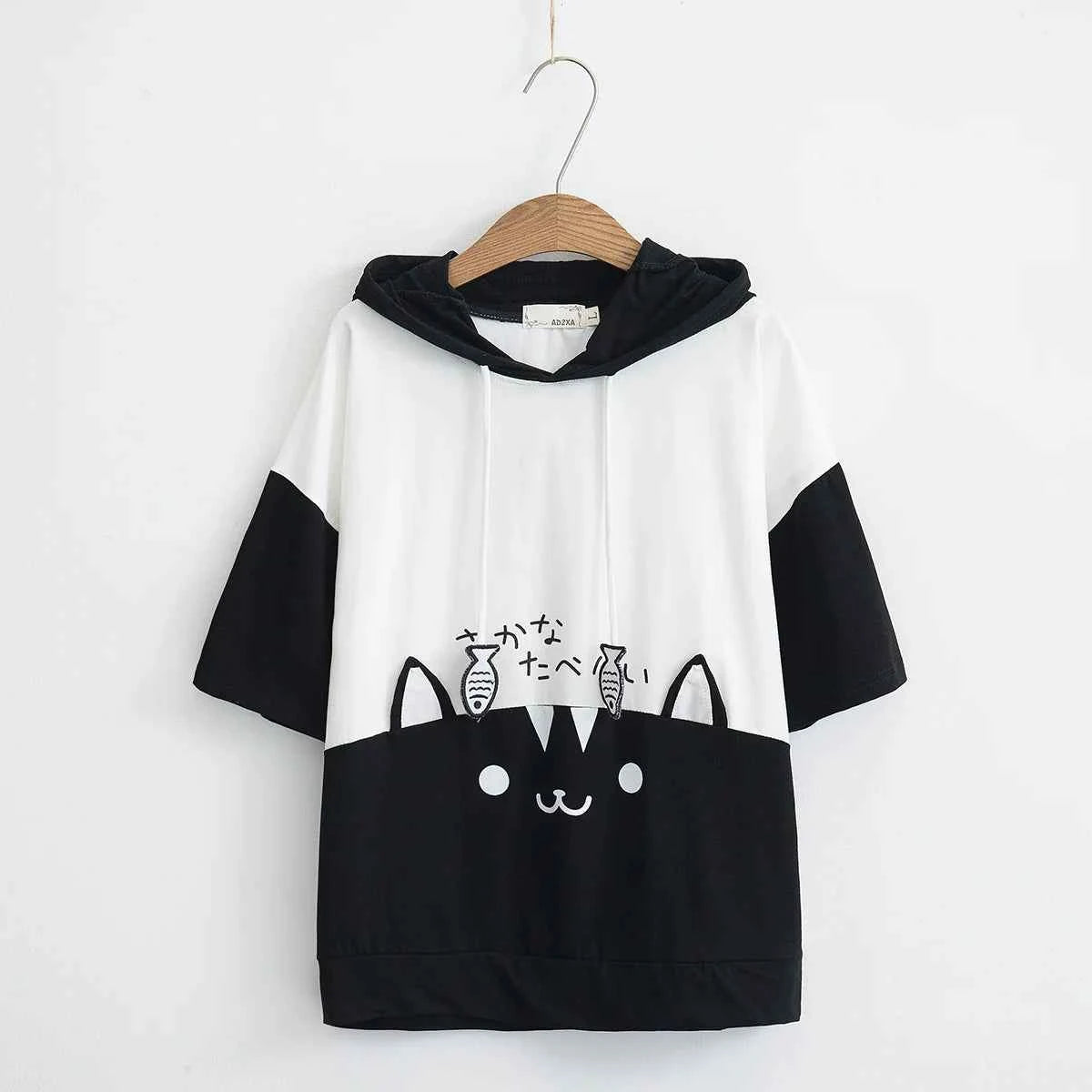Sweet Girl Cute Cat Big Pocket Demon Short Sleeve Hoodie