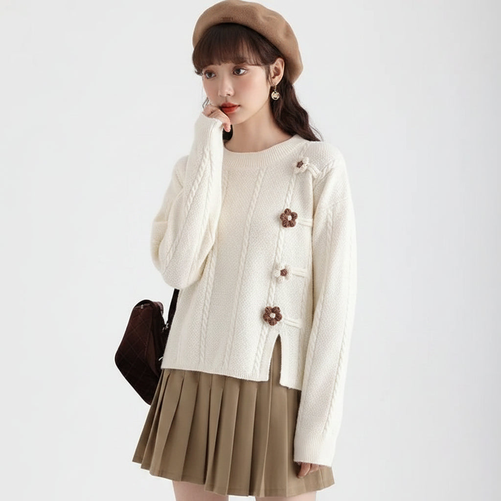 Vusy Kawai Shop college style loose pullover sweater in white with floral buttons and cable knit design