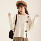 Vusy Kawai Shop college style loose pullover sweater in white with floral accents and textured knit