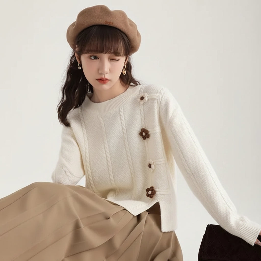 Vusy Kawai Shop college style loose pullover sweater in white with flower details and relaxed fit