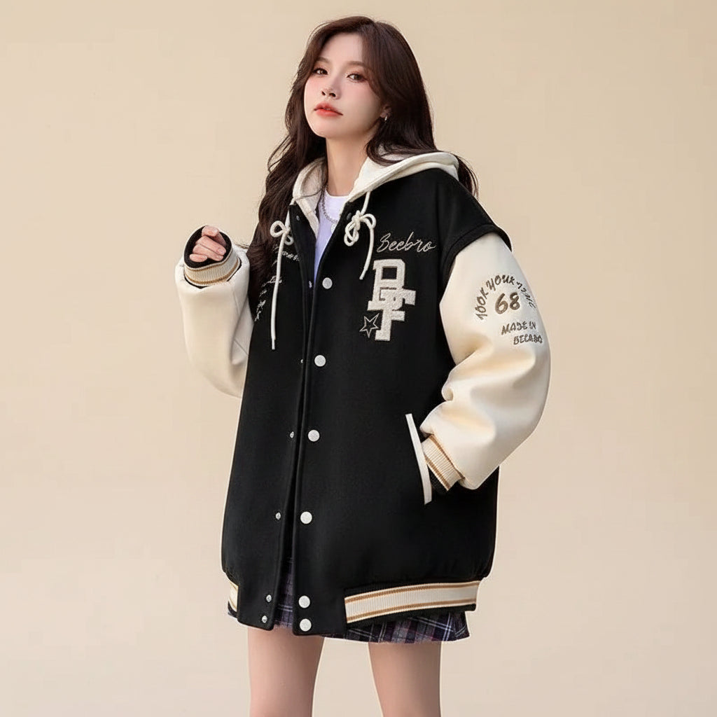 American style oversized blazer women black and white varsity jacket with hood and graphic design