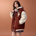 American style oversized blazer women in brown and cream with patches and button closure styled with plaid skirt