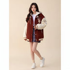 American style oversized blazer women varsity jacket with white sleeves and brown body from Vusy Kawai Shop