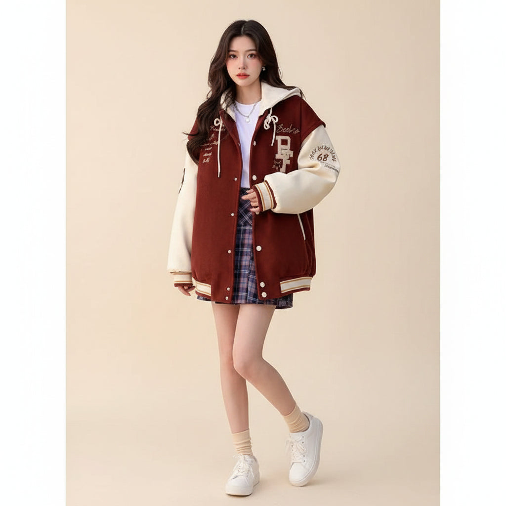 American style oversized blazer women varsity jacket with white sleeves and brown body from Vusy Kawai Shop