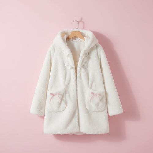 Women wearing anime cat plush winter coat women with hood and cat ears in soft white fabric