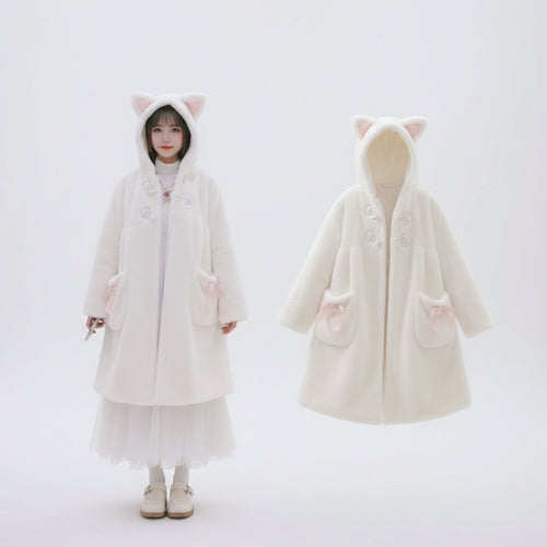 Women wearing anime cat plush winter coat women with hood ears and paw print gloves