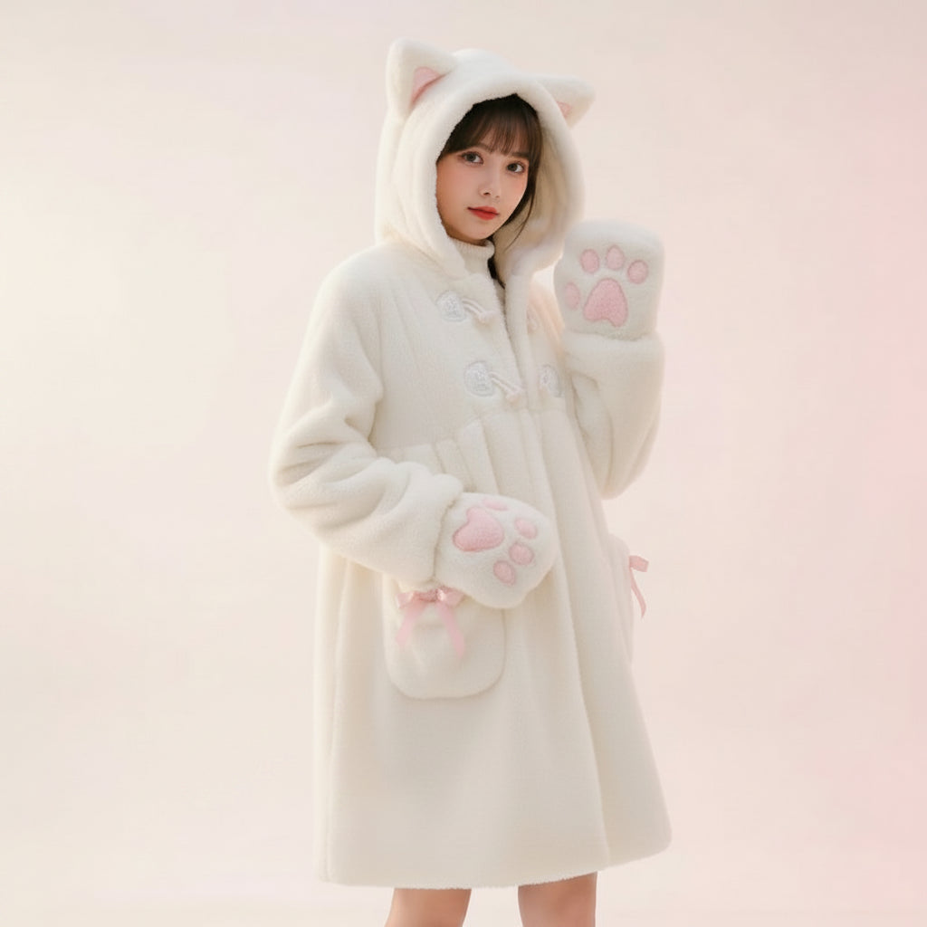 Anime cat plush winter coat women in white with hood ears and paw print details from Vusy Kawai Shop