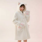 Anime cat plush winter coat women in white with hood ears and paw print details from Vusy Kawai Shop