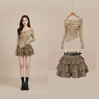 Autumn Harajuku taupe ruched flower top and tiered ruffle mini skirt set hero