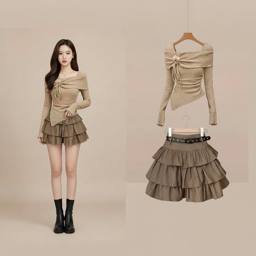 Autumn Harajuku taupe ruched flower top and tiered ruffle mini skirt set hero