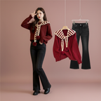 Lucky Red Sweater Shawl and Denim Pants Set flat lay