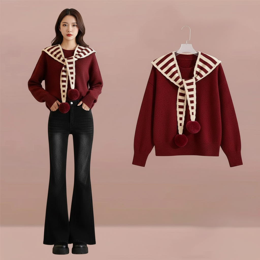 Lucky Red Sweater Shawl and Denim Pants Set shawl