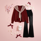 Autumn Winter Lucky Red Sweater Shawl with Denim Pants Set - Vusy Kawaii Shop